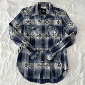 Blue And White Boyfriend Fit Flannel With Crochet Detail